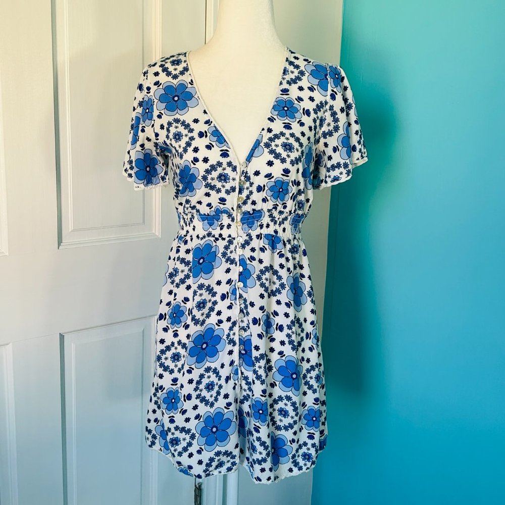 Blue & White Bold Floral Boho Summer Mini Dress (size S)